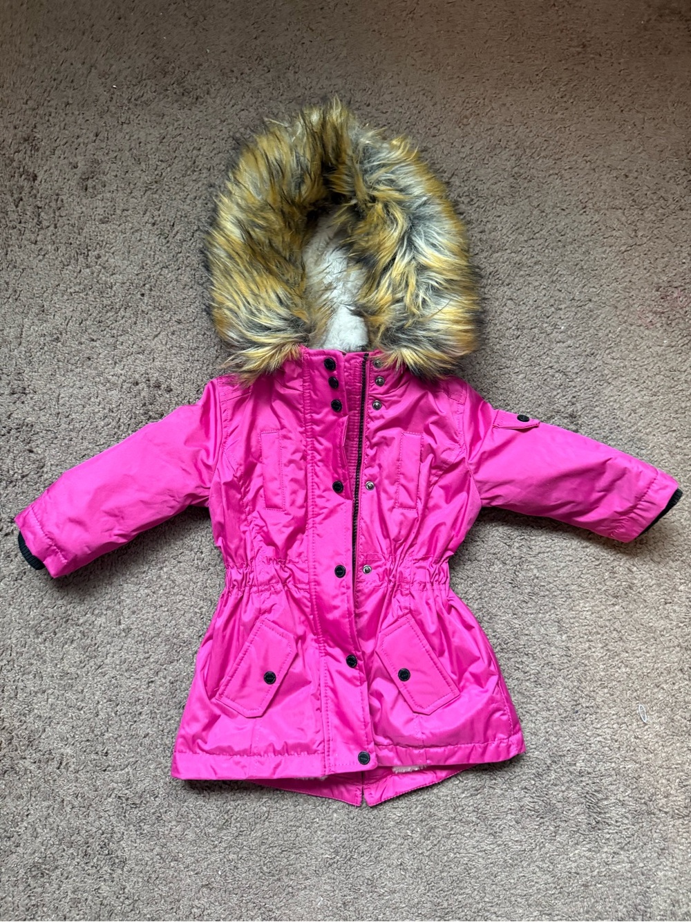 Girls' Pink Hooded Winter Coat with Faux-Fur Trim